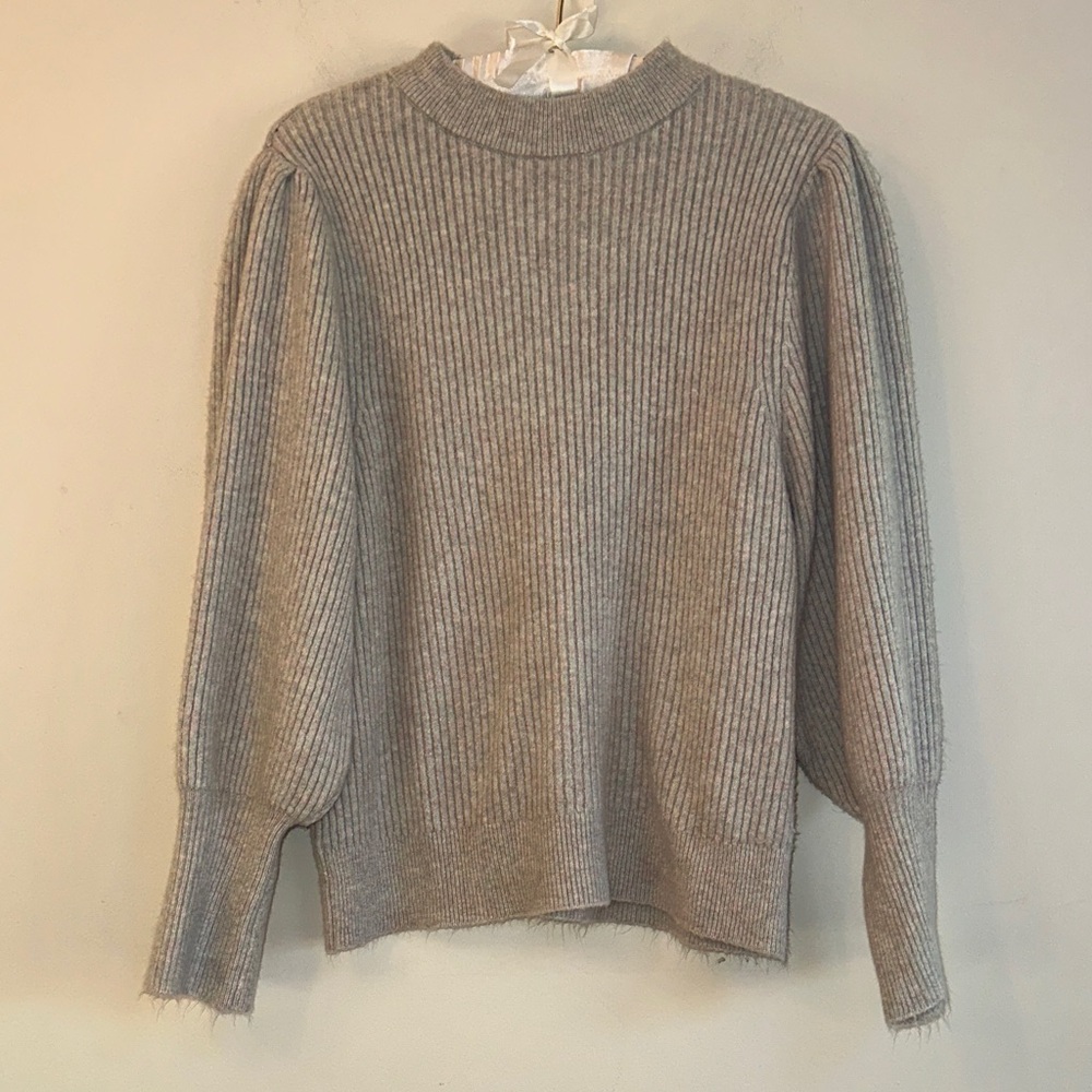12Thompson Ribbed Knit Sweater XL Tan Beige Soft Puff Sleeve Blue Pink Fleck Yar